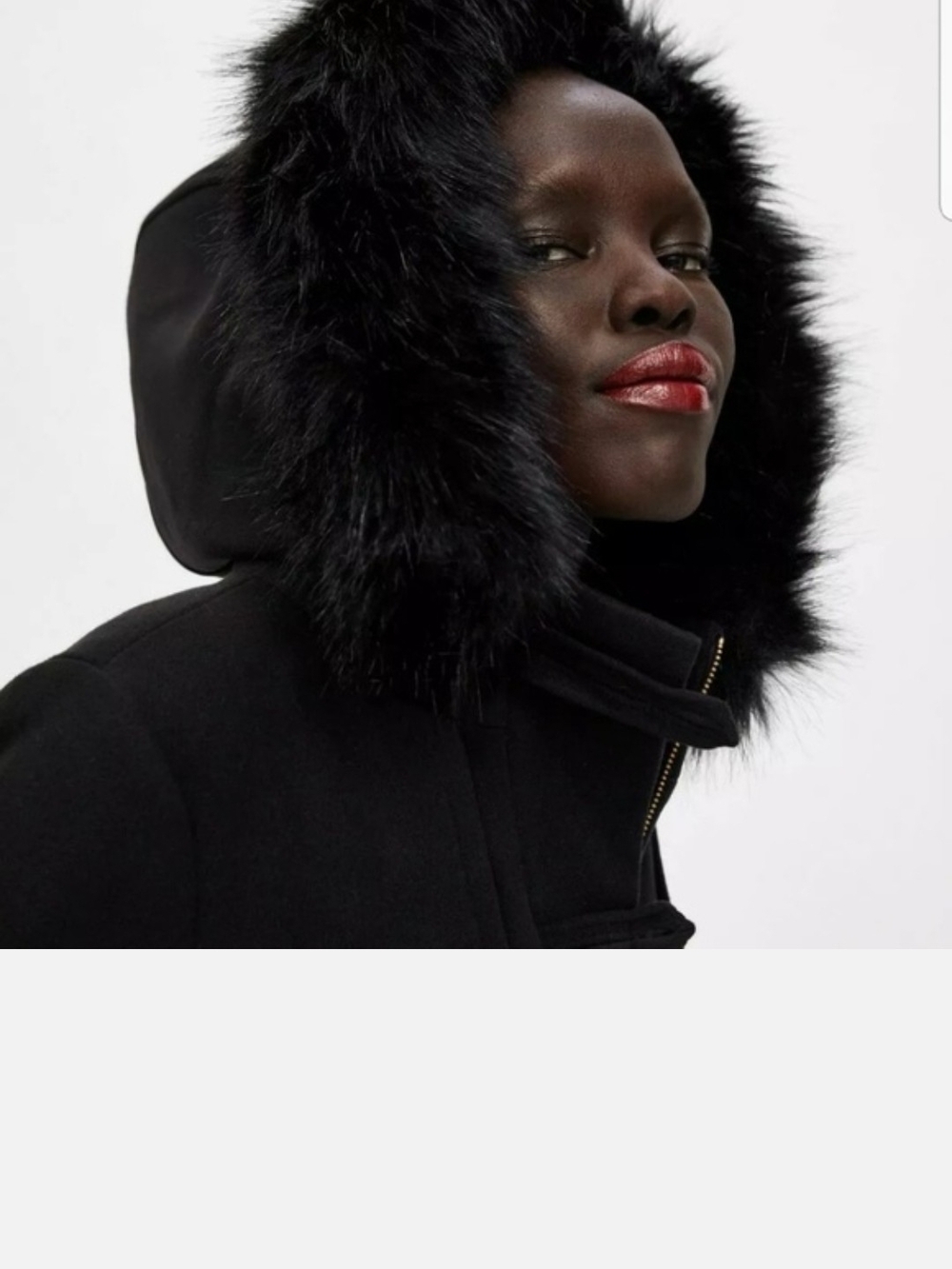 Zara Black Faux Fur-Trim Toggle Pea Coat - Picture 4 of 16